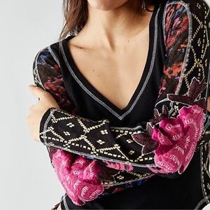 Free People Women's Amara Top Thermal Embroidered Boho Mesh Sleeves